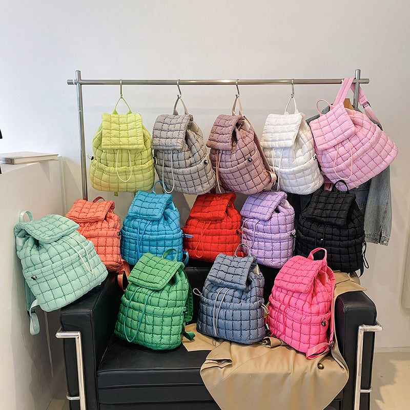 Candy Color Quilted Women Backpack Puffy Down Padded School Bag Large Cotton Travel Back Pack Bags For Women Plaids Shoulder Bag - Minihomy