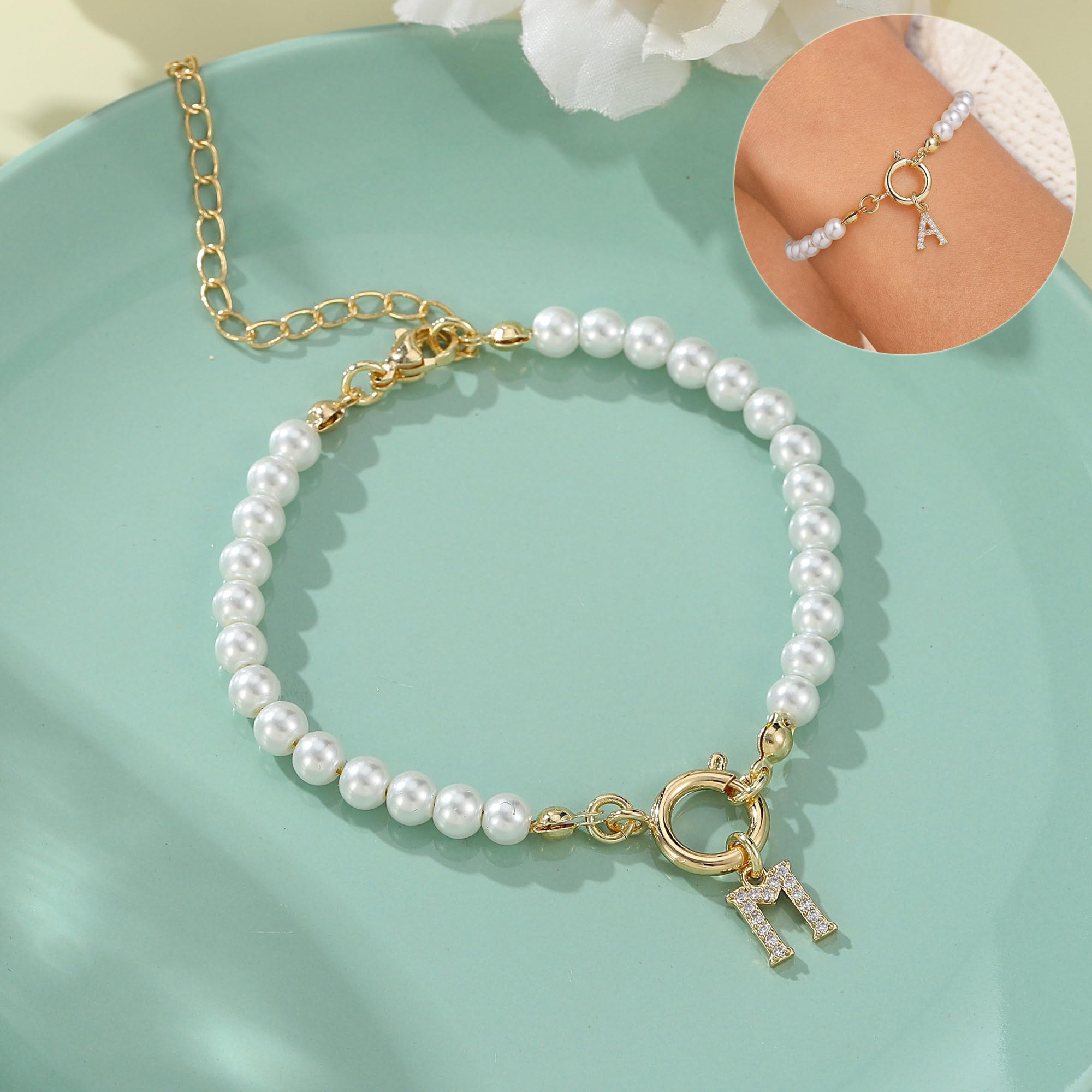 Personalized Initial Bracelet with Pearl Charm - A-Z Letter Toggle Clasp Jewelry Gift for Women - Minihomy