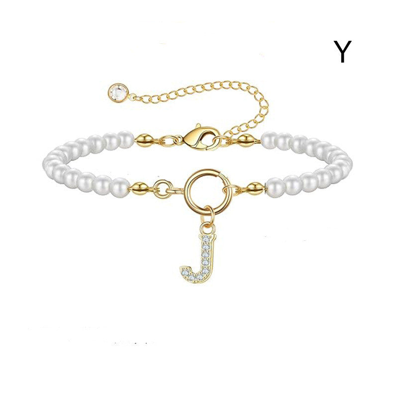 Personalized Initial Bracelet with Pearl Charm - A-Z Letter Toggle Clasp Jewelry Gift for Women - Minihomy