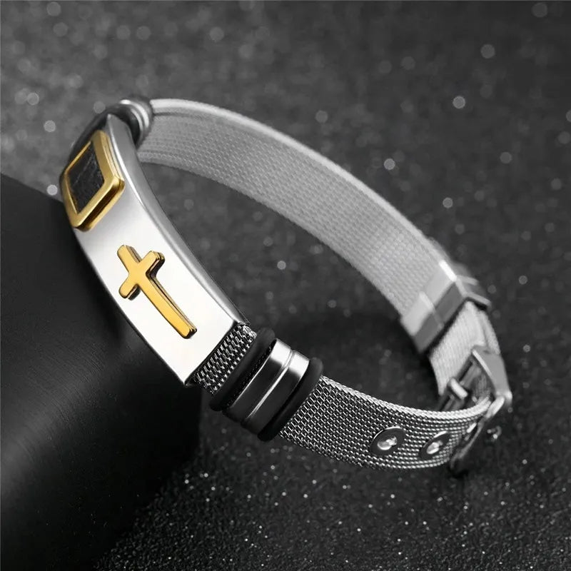 Men's Stainless Steel Cross Bracelet - Adjustable Mesh Chain Bangle - Minihomy