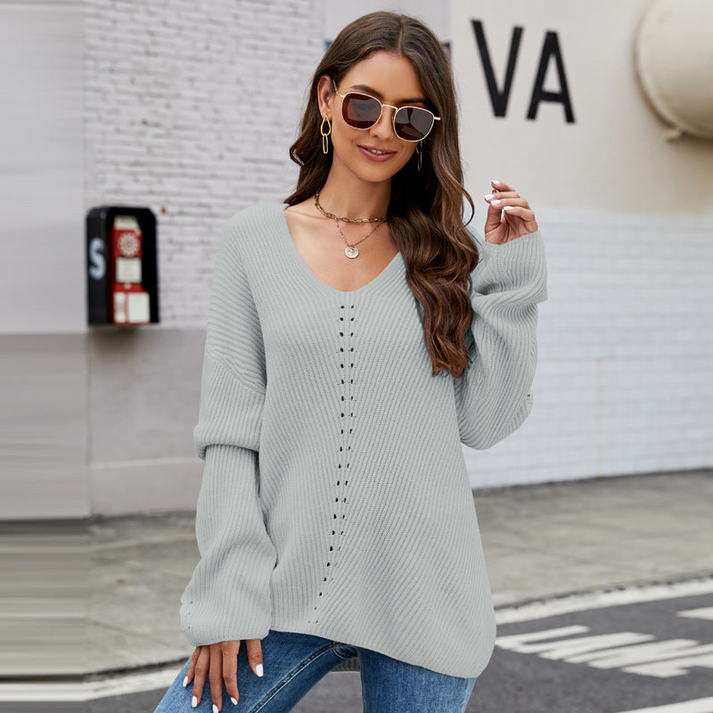 Long Sleeve Sweater With Pocket Solid Color V-neck Pullover Knitwear Women Tops - Minihomy