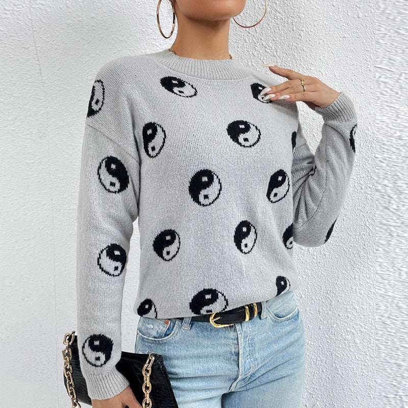 Jacquard Crewneck Pullover Knitted Sweaters For Women Casual Skull Halloween Sweater - Minihomy