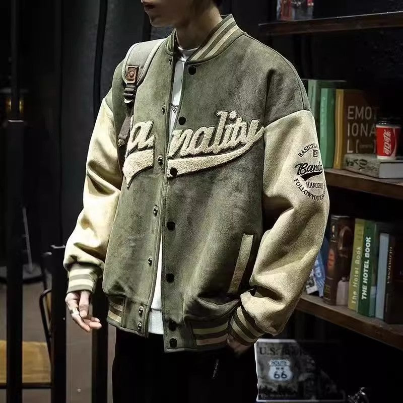 Men's Suede Baseball Jacket - Vintage Letter Embroidery Patchwork Coat for Men - Minihomy