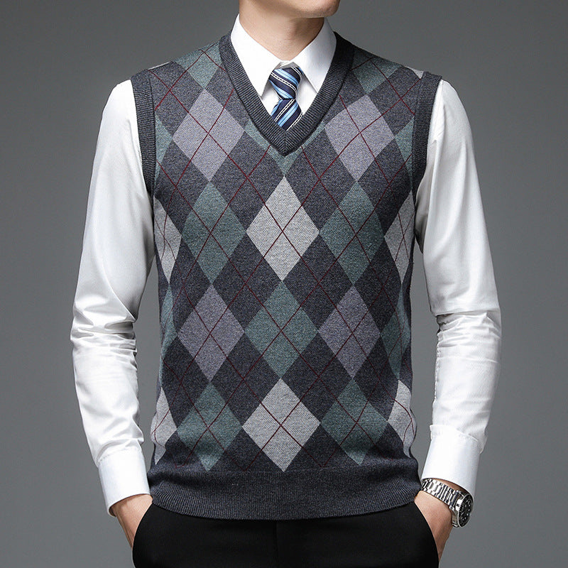 Men's Autumn And Winter V-neck Sleeveless Knit With Wool Vest - Minihomy