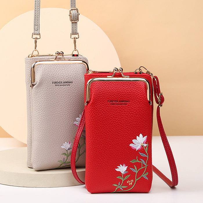 Flower Embroidery Phone Bag With Lock Buckle Outdoor Long Wallet Fashion Shoulder And Crossbody Bags - Minihomy