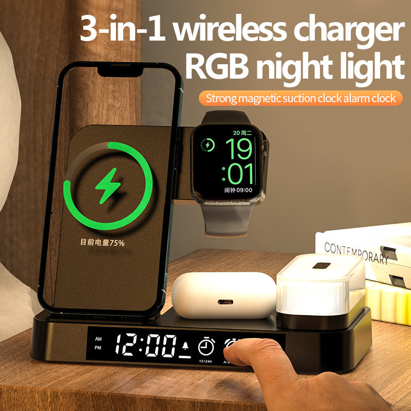 4 In 1 Multifunction Wireless Charger Station With Alarm Clock Display Foldable Stand With RGB Night Light - Minihomy