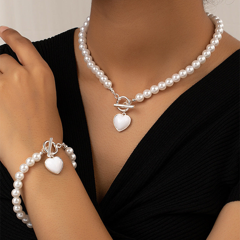 Pearl Bracelet And Necklace Set Female With Hearts Clavicle Chain - Minihomy