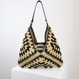 Women's Handmade Straw Woven Hollow Contrast Color Weave Shoulder Bag