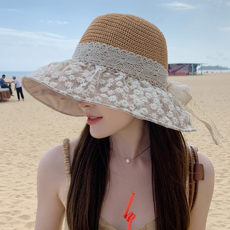 Lace Bow Straw Sun Hat - Wide Brim UV Protection Fisherman Hat for Summer - Minihomy