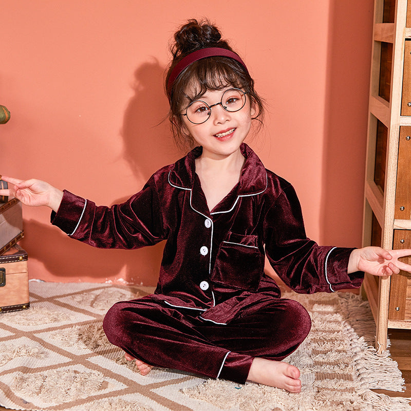 Children's Gold Velvet Solid Color Pajamas Set - Minihomy