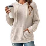 Women's Long Sleeve Hoodie Sweatshirt - Drawstring, Pockets, Sunken Stripe, Knitwear