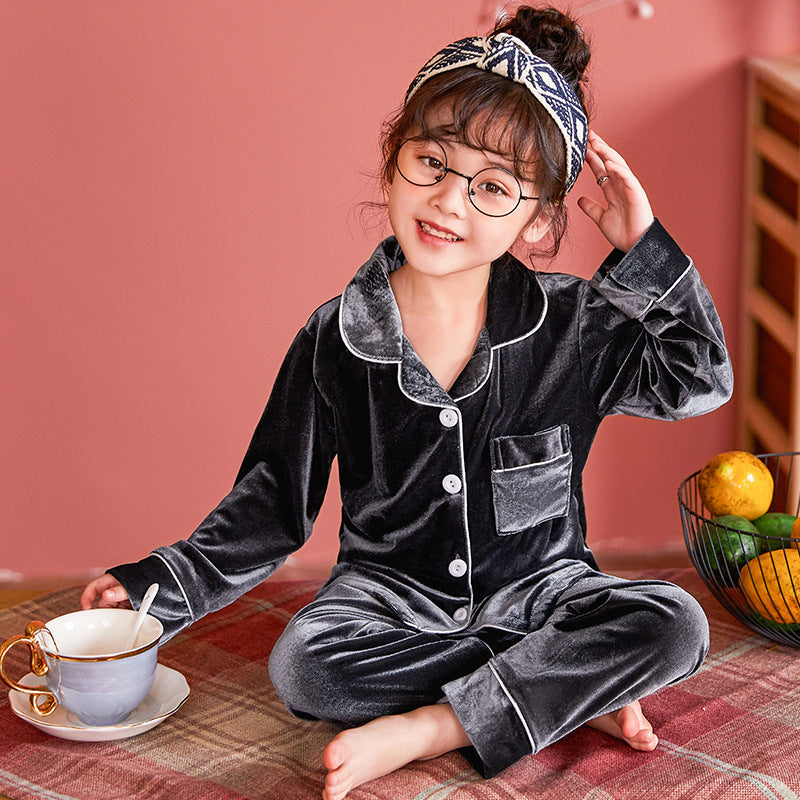 Children's Gold Velvet Solid Color Pajamas Set - Minihomy