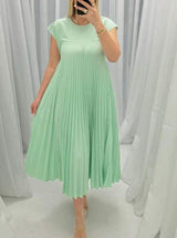 Women's Short Sleeve Pleated Long Summer Dress - Round Neck Casual