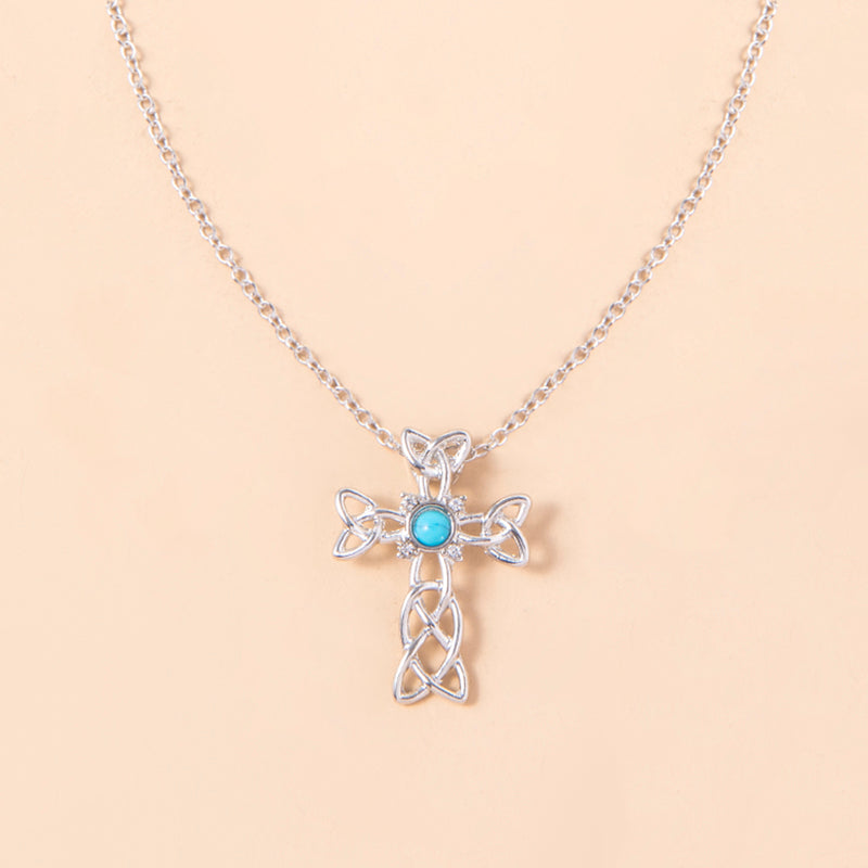 Blue Stone Celtic Knot Cross Pendant Silver Spiral Trinity Knot Necklaces For Women Men - Minihomy