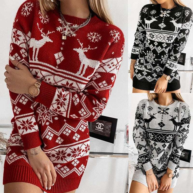 Elk Snowflake Christmas Jacquard Knitted Dress Long Knitted Sweaters - Minihomy