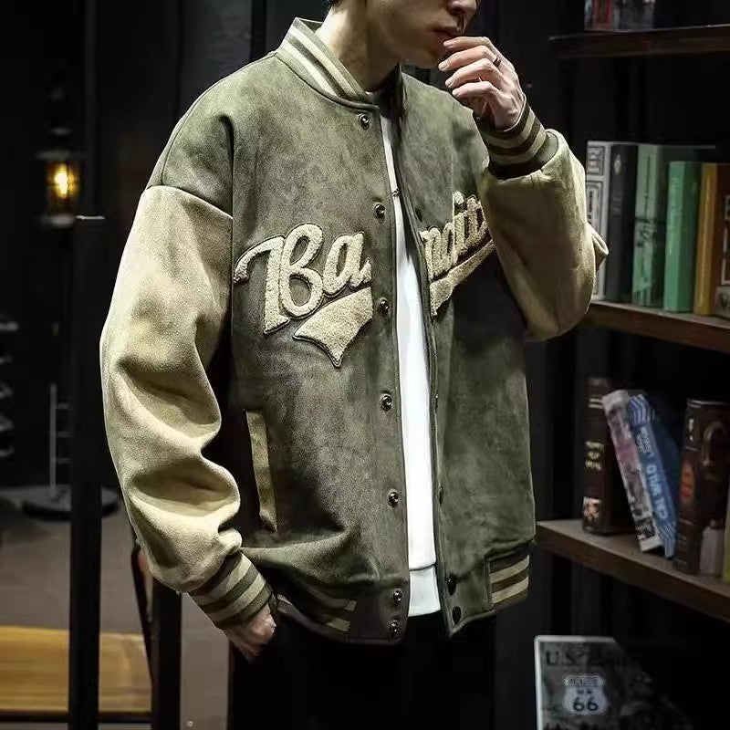 Men's Suede Baseball Jacket - Vintage Letter Embroidery Patchwork Coat for Men - Minihomy