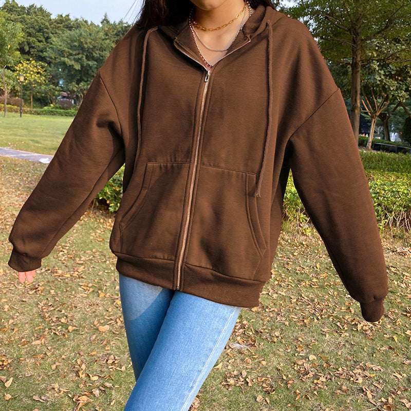 Brown Aesthetic Hoodies Women Zip Up Sweatshirt Hooded - Minihomy