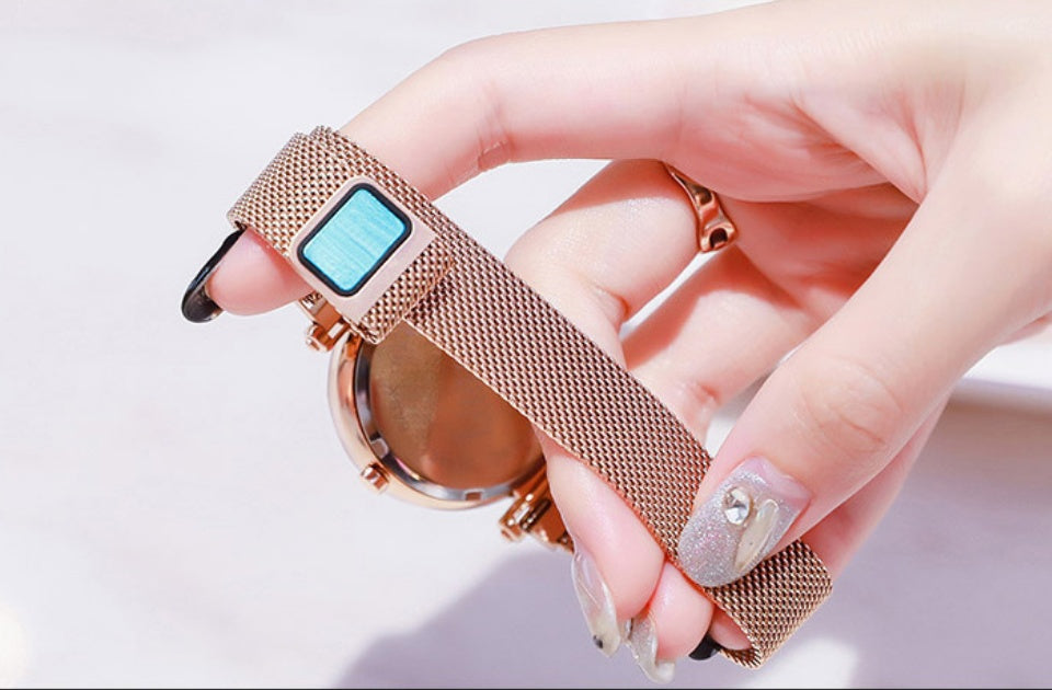 Luxury Women Watches Mesh Ladies Clock Magnet Buckle Starry Diamond Geometric Surface Quartz Wristwatch - Minihomy