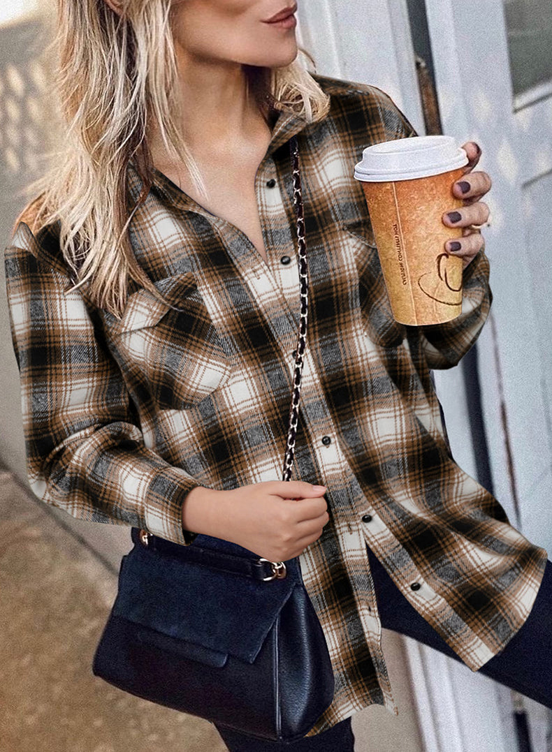 Plaid Shirt Women Spring Mid-length Loose Blouse Turndown Collar Shirt Clothing - Minihomy