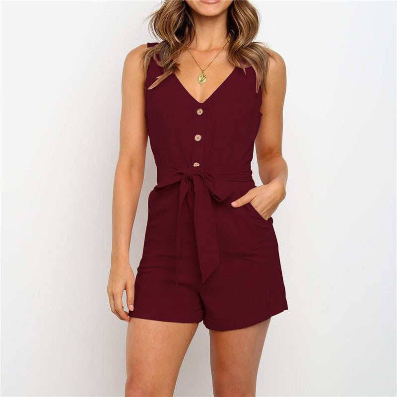 Buttoned V-neck off-shoulder jumpsuit - Minihomy