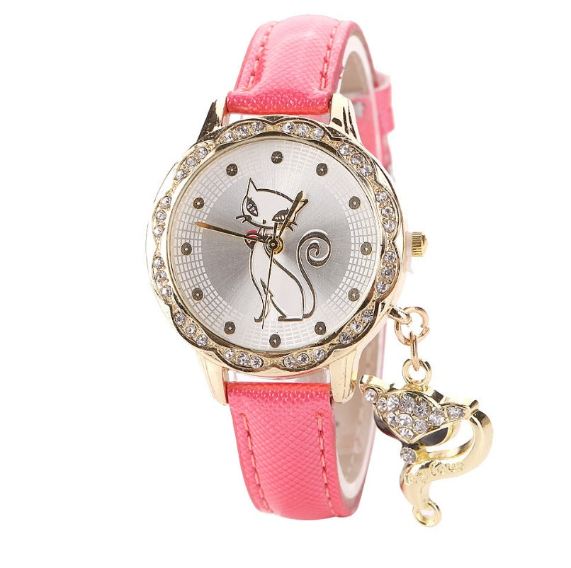 Fashion Cute Cat Pattern watch bracelets Clock Gift Women Girl Watches Luxury Diamond Analog Leather Quartz Wrist Watches - Minihomy