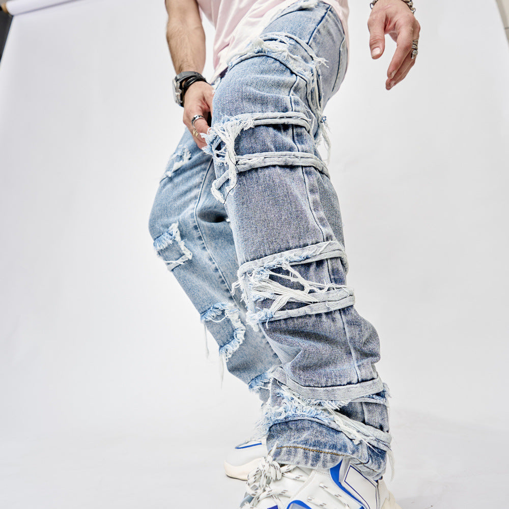 High Street Trousers - Men's Full-Length Patched Straight Fit Hip Hop Jeans - Minihomy