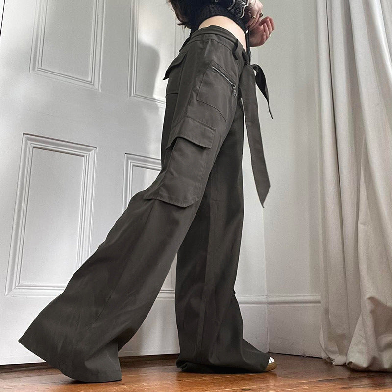 Lounge Pants Lace-Up Low Rise Asymmetric Pocket Loose Cargo Pants - Minihomy