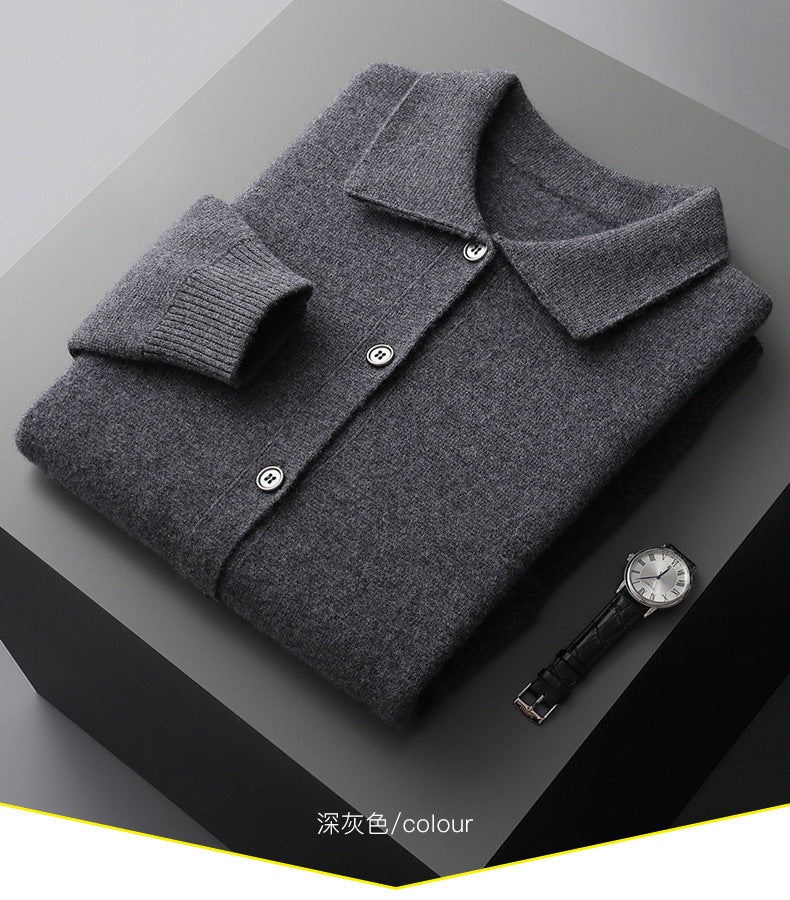 Men's Polo Collar Solid Color Wool Cardigan Autumn Winter Retro Pocket Thick Coat - Minihomy