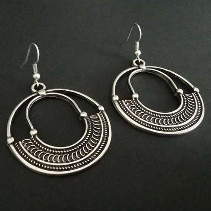 Geometric Round Hollow Antique Silver Earrings: European & American Trend - Minihomy