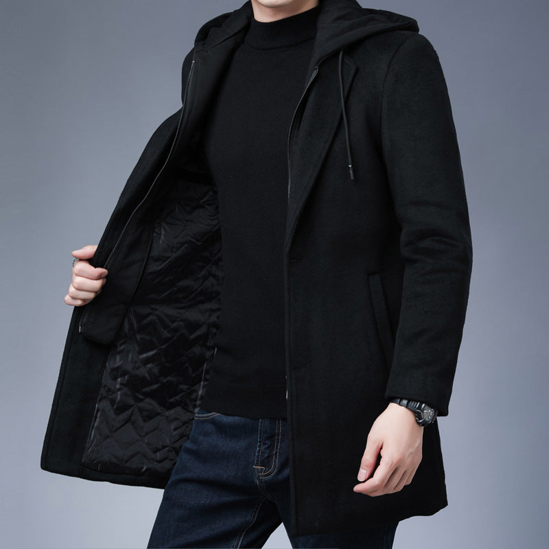 Mens Detachable Hooded Woolen Winter Coat Jacket Mid-Length Single Breasted - Minihomy