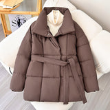 Women's Winter Plaid Lapel Coat: Loose, Thick, Lace-Up Jacket