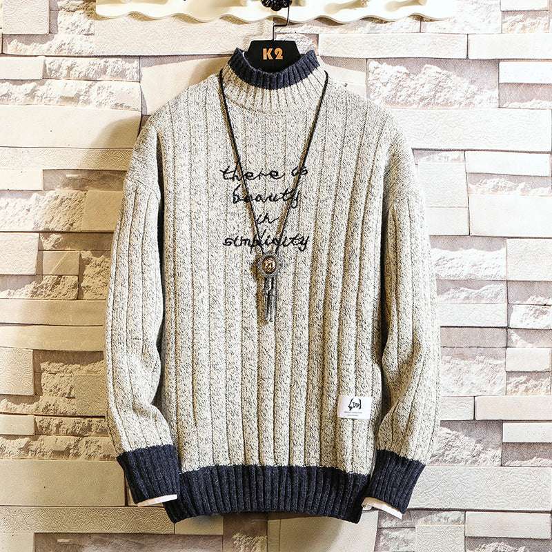 Long sleeve thick half high neck letter pullover sweater for men - Minihomy