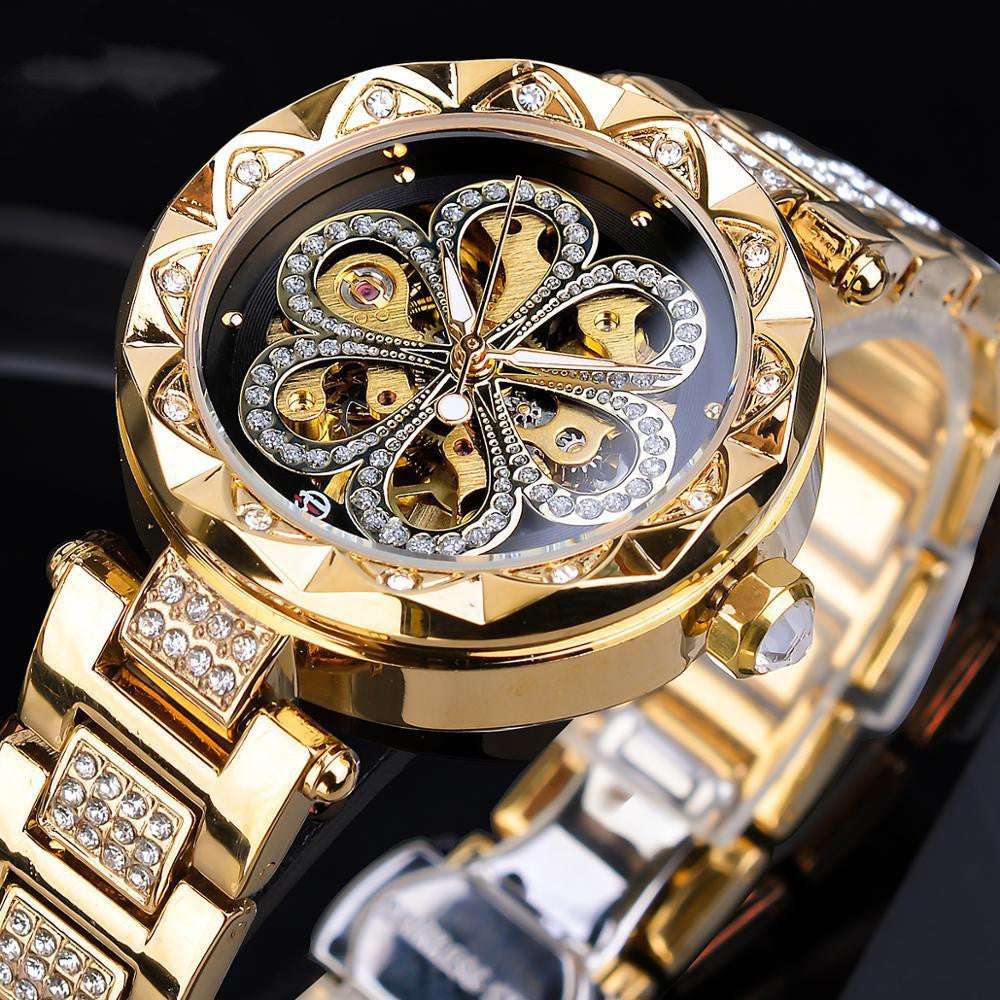 Forsining Mechanical Automatic Ladies Watches Top Brand Luxury Rhinestone Female Wrist Watches Rose Gold Stainless Steel Clock - Minihomy