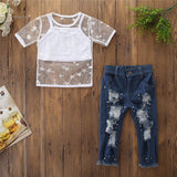 Toddler Kids Girls Short Sleeve Star T-shirt Tops Denim pants