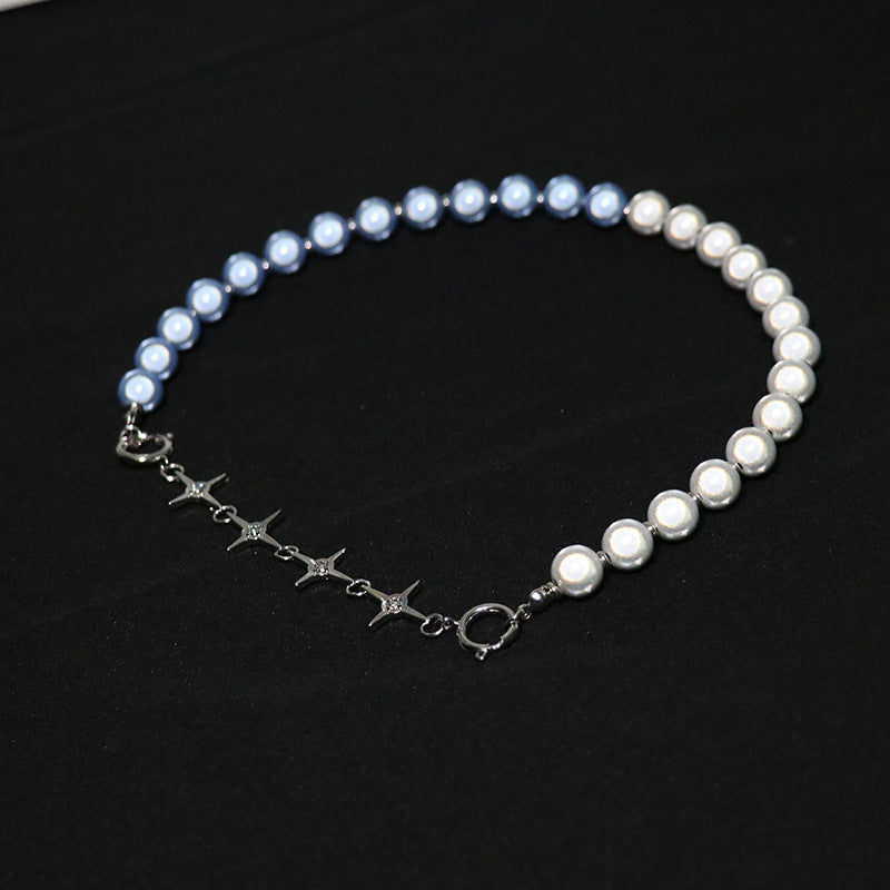 Blue Luminous Pearl Stitching Necklace Female Cross - Minihomy