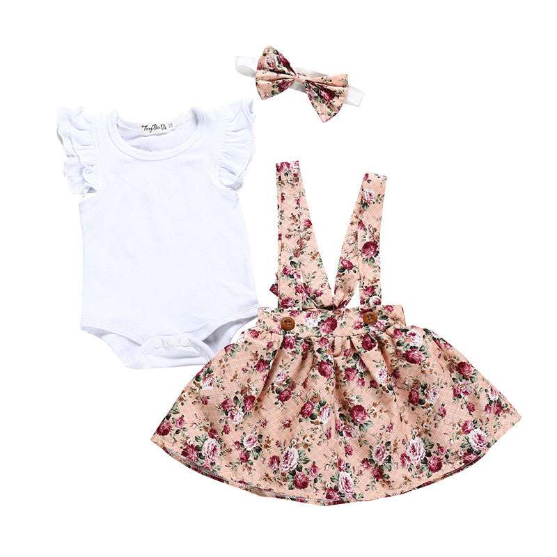 Girls' Cotton White Flying Sleeve Short-Sleeved Romper with Flower Suspenders Skirt and Head Knot - Minihomy