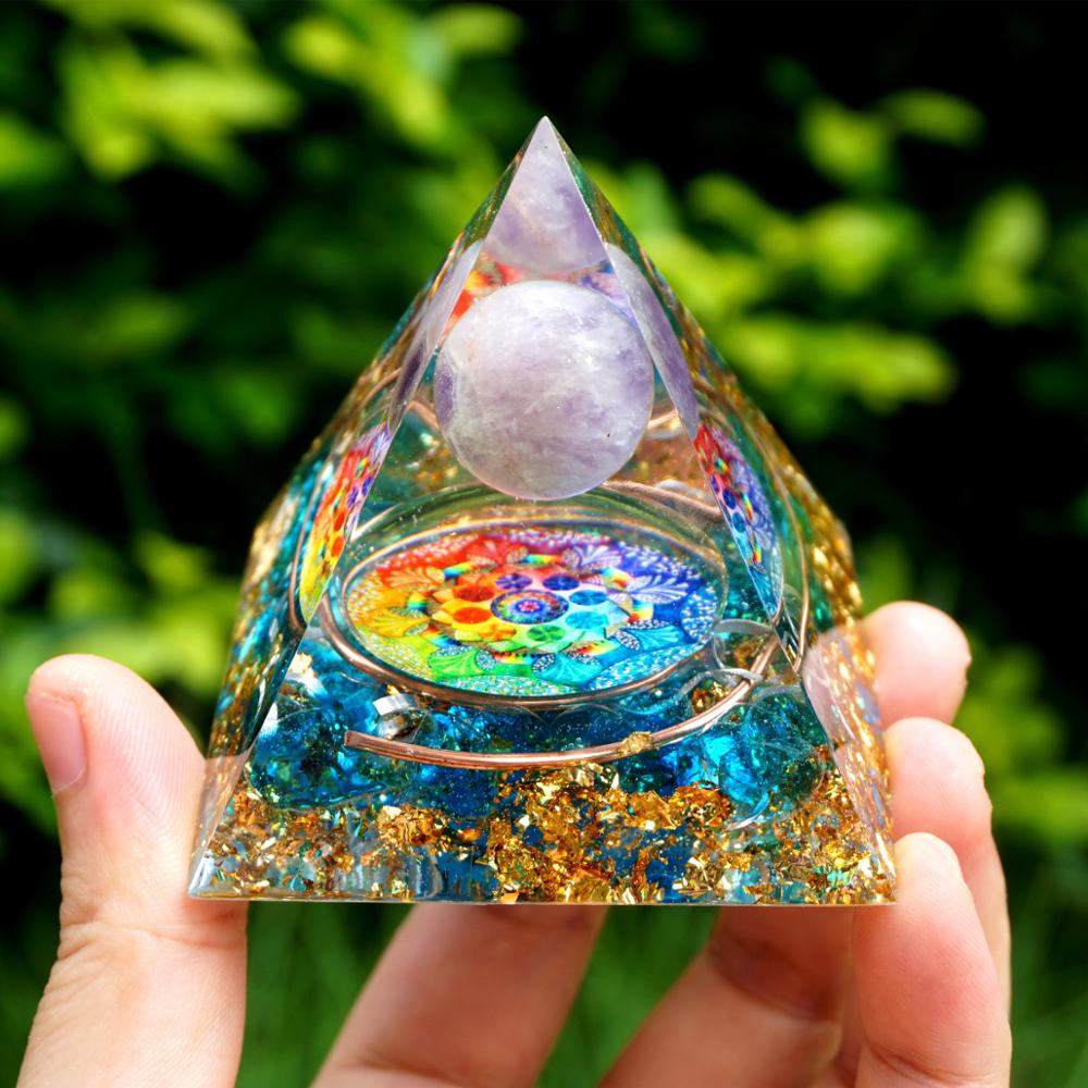 Handmade Amethyst Crystal Sphere Orgone Pyramid - EMF Protection Energy Orgonite - Minihomy