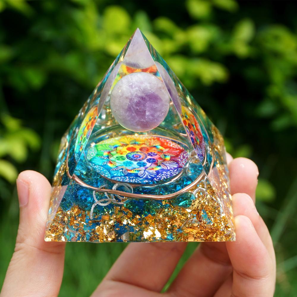 Handmade Amethyst Crystal Sphere Orgone Pyramid - EMF Protection Energy Orgonite - Minihomy