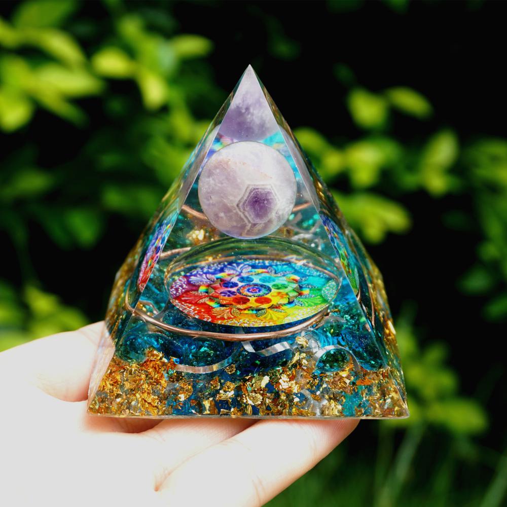 Handmade Amethyst Crystal Sphere Orgone Pyramid - EMF Protection Energy Orgonite - Minihomy