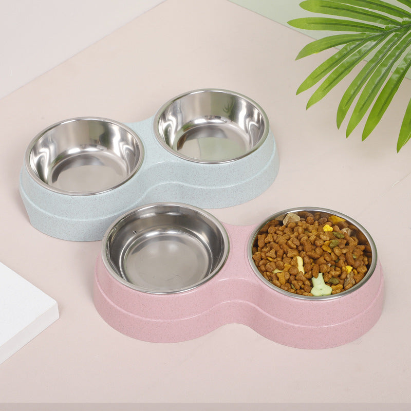 Double Cat Bowls with Water Fountain, Wheat Straw Pet Bowls for Food and Drink, Cute Cat Supplies - Minihomy