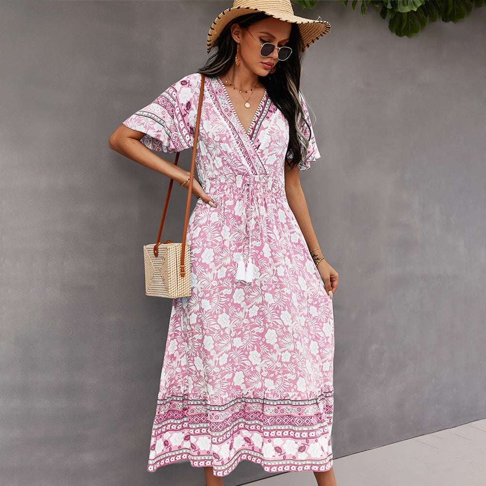 Bohemian Dress Summer Women Clothing Loose V-Neck Casual Beach Sundresses - Minihomy