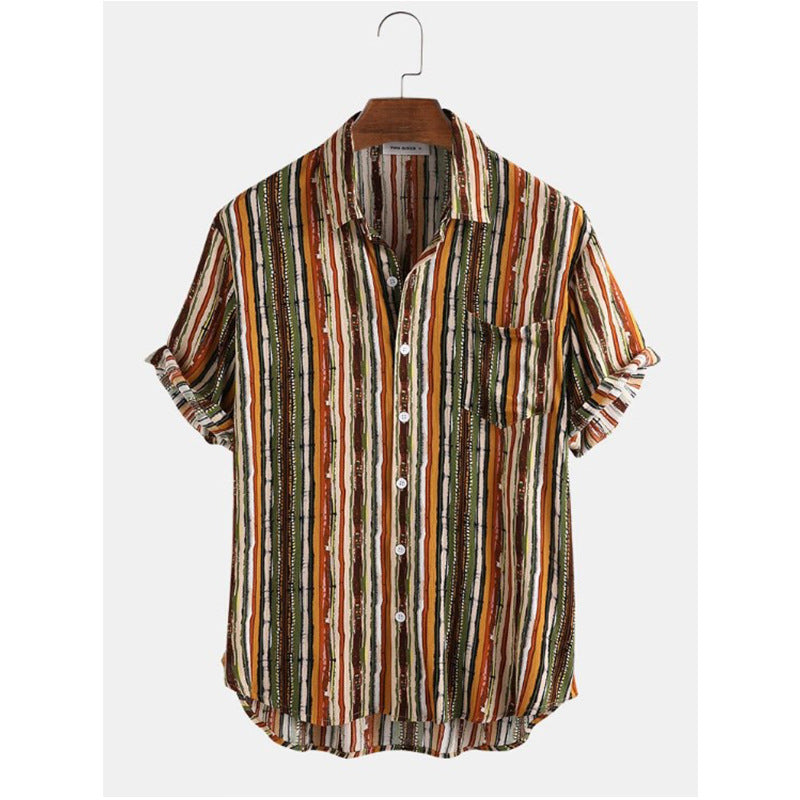 Men Stripe Short Sleeve Beach Shirt - Minihomy