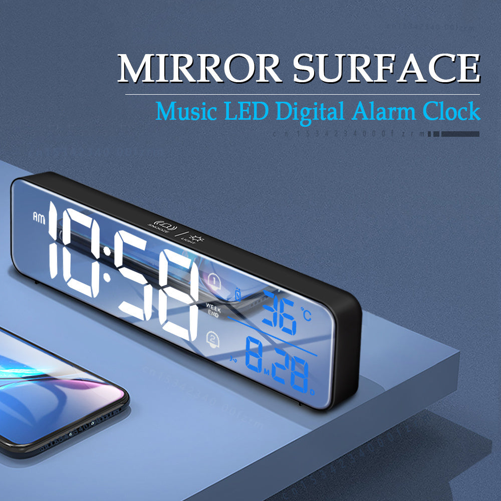 Music LED Digital Alarm Clock Temperature Date Display Desktop Mirror Clocks Home Table Decoration Electronic Clock - Minihomy