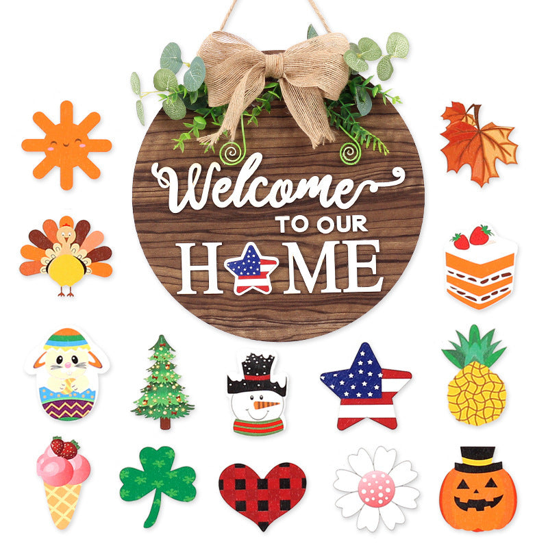 14 Mıknatıslı Çıkartmalarla Ahşap Kapı Askısı Süsleri - Welcome Home Decor