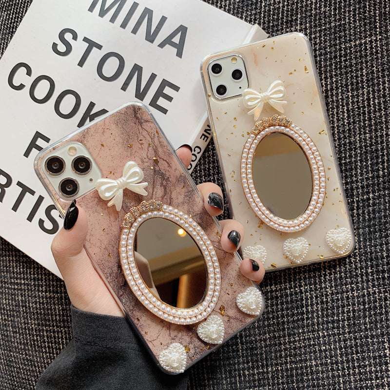 Marble Bowknot Rhinestone Mirror Phone Case - Minihomy