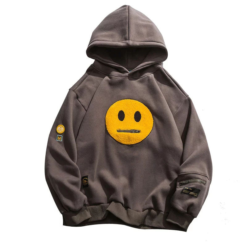 Zipper Pocket Smile Face Patchwork Fleece Hoodie Sweatshirt Streetwear