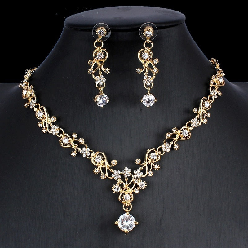 Golden Zircon Jewelry Set Bridal Necklace Earrings Wedding Two-piece Set - Minihomy