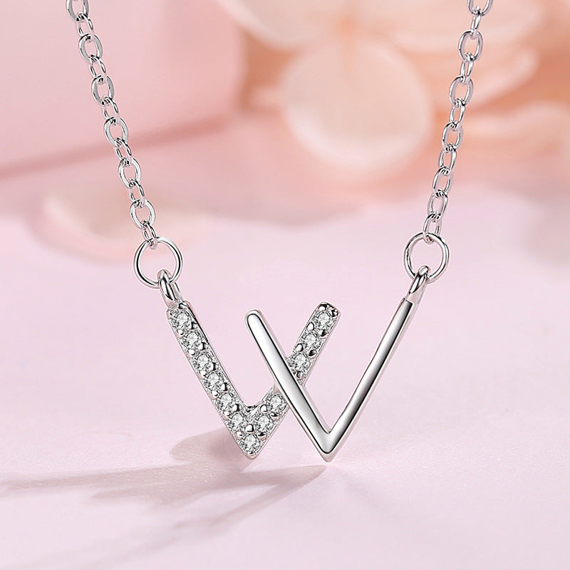 Letter W Necklace For Women Girls Stainless Steel Cubic Zirconia Clavicle Chain Necklaces - Minihomy