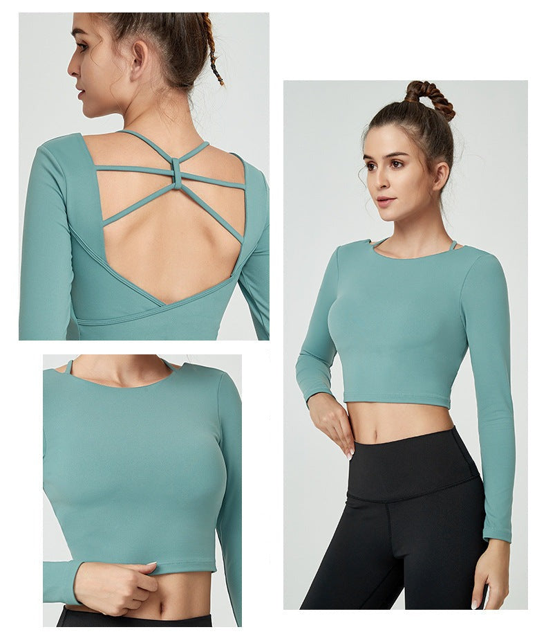 Plain Backless Yoga Sport Long Sleeved Shirts Slim Fit Anti-sweat Fitness Cropped Tops - Minihomy