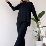 Women's Knitted Turtleneck Suit Set - Loose Split Long Sleeve Top & Trousers